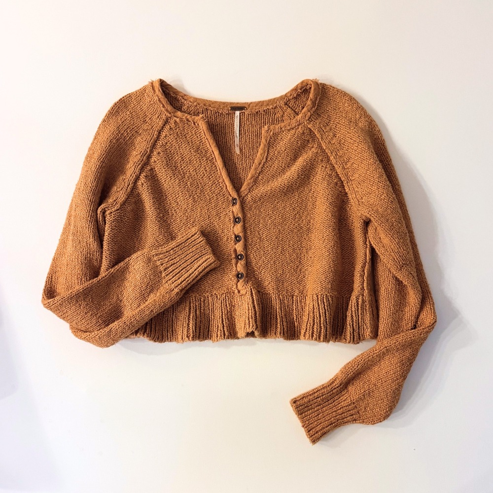 Free People Sweetheart Henley Cropped Sweater Rust Small Cottagecore Granola